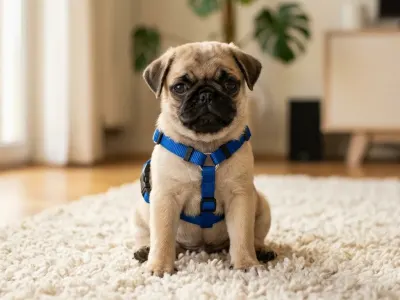 Fawn Pug puppy sitting indoors wearing a harness during an early training session.