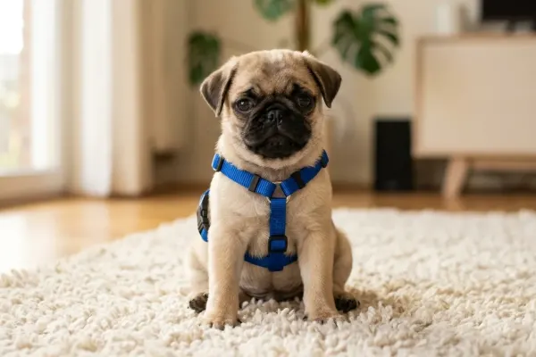 Fawn Pug puppy sitting indoors wearing a harness during an early training session.