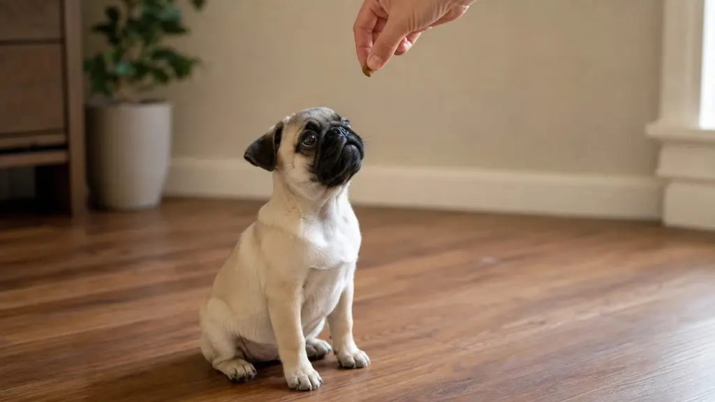 Pug puppy looking up attentively while learning the sit command with treat reward.