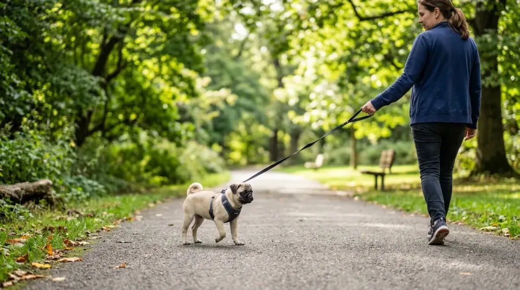 Pug puppy walking on leash with a supportive chest harness in a shaded park.