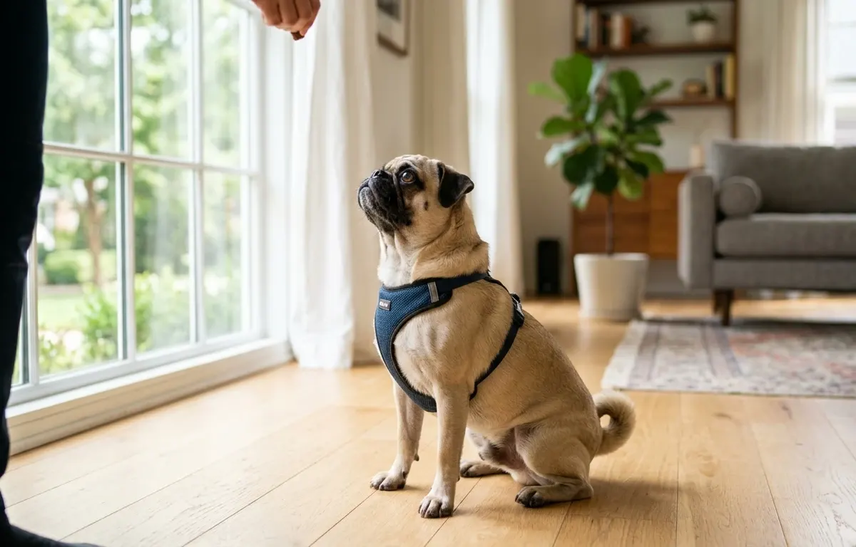 A Pug puppy sitting attentively on a hardwood floor receiving a treat during home training.