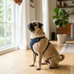 A Pug puppy sitting attentively on a hardwood floor receiving a treat during home training.