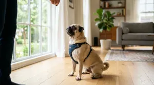 A Pug puppy sitting attentively on a hardwood floor receiving a treat during home training.