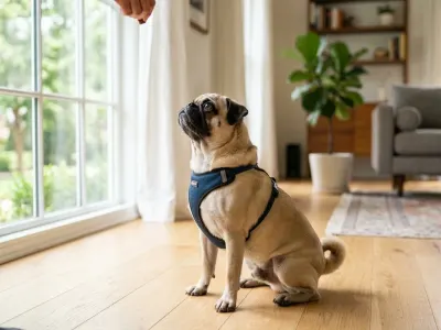 A Pug puppy sitting attentively on a hardwood floor receiving a treat during home training.