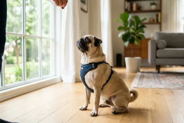 A Pug puppy sitting attentively on a hardwood floor receiving a treat during home training.