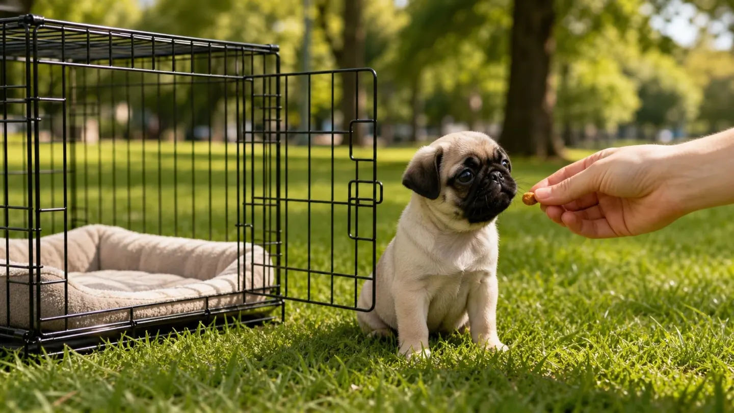A Pug puppy standing next to an open crate prepared for house training.