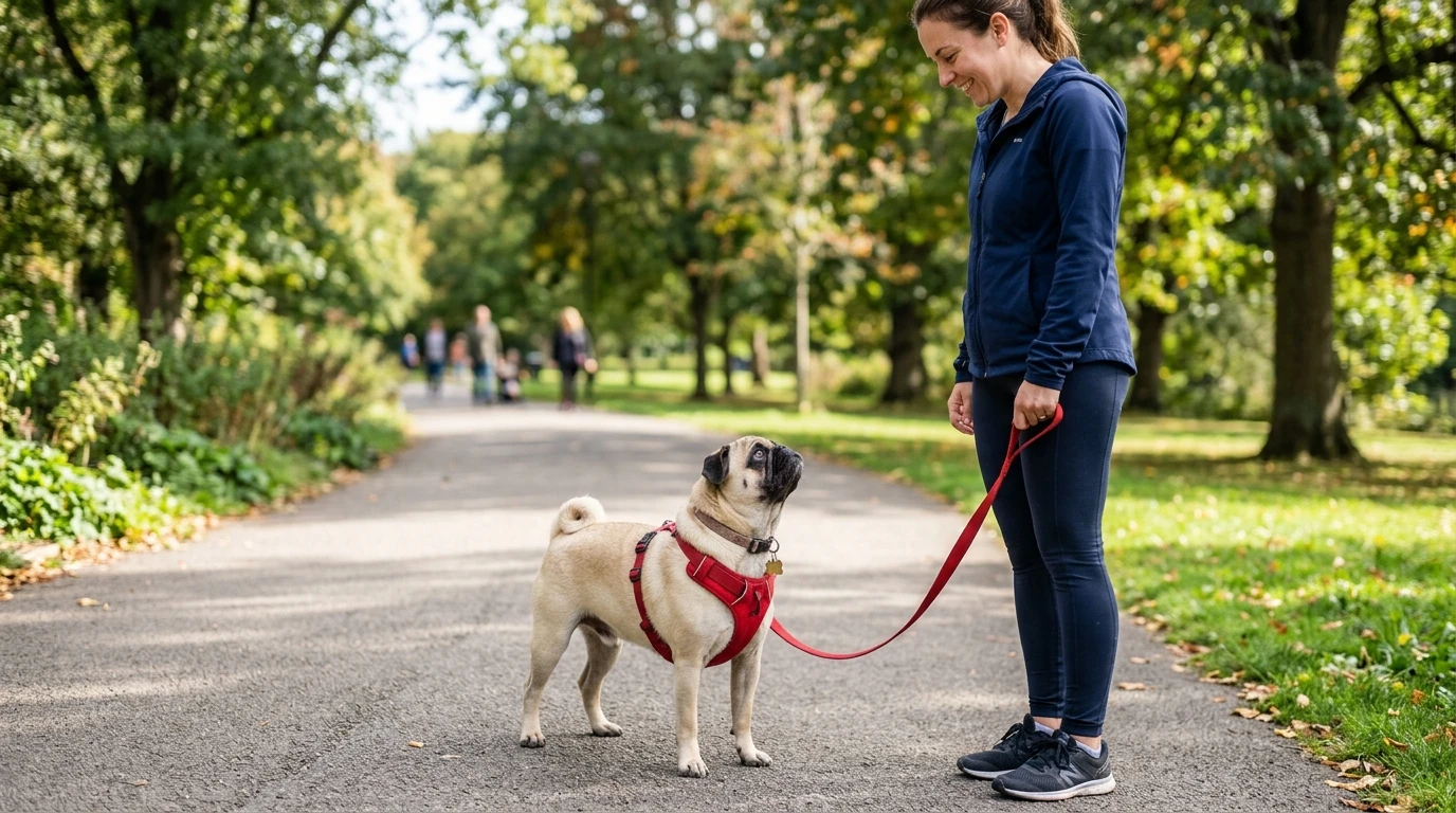 A Pug dog walking comfortably on a leash and harness during outdoor training.