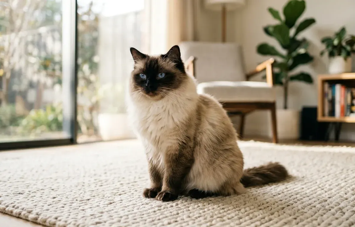 A seal point Ragdoll cat relaxing in a sunlit living room
