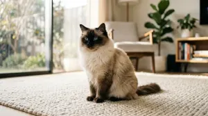 A seal point Ragdoll cat relaxing in a sunlit living room