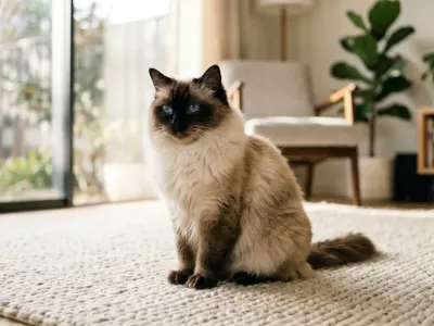 A seal point Ragdoll cat relaxing in a sunlit living room