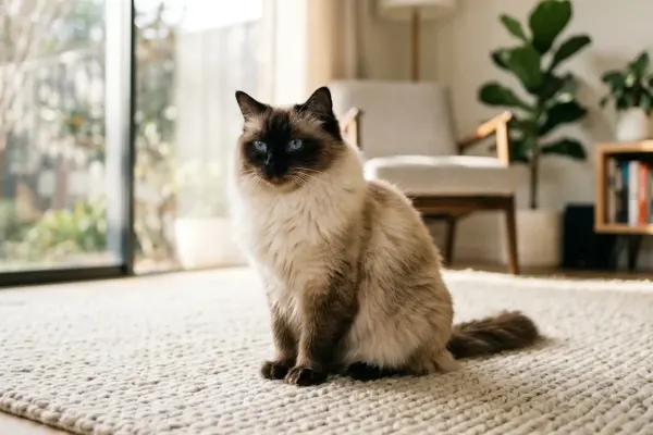A seal point Ragdoll cat relaxing in a sunlit living room
