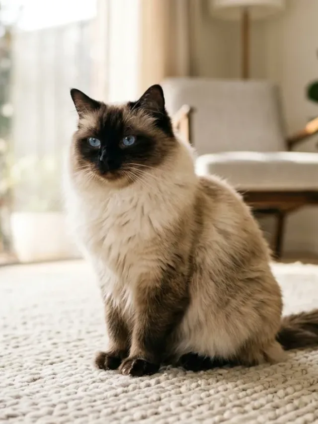A seal point Ragdoll cat relaxing in a sunlit living room