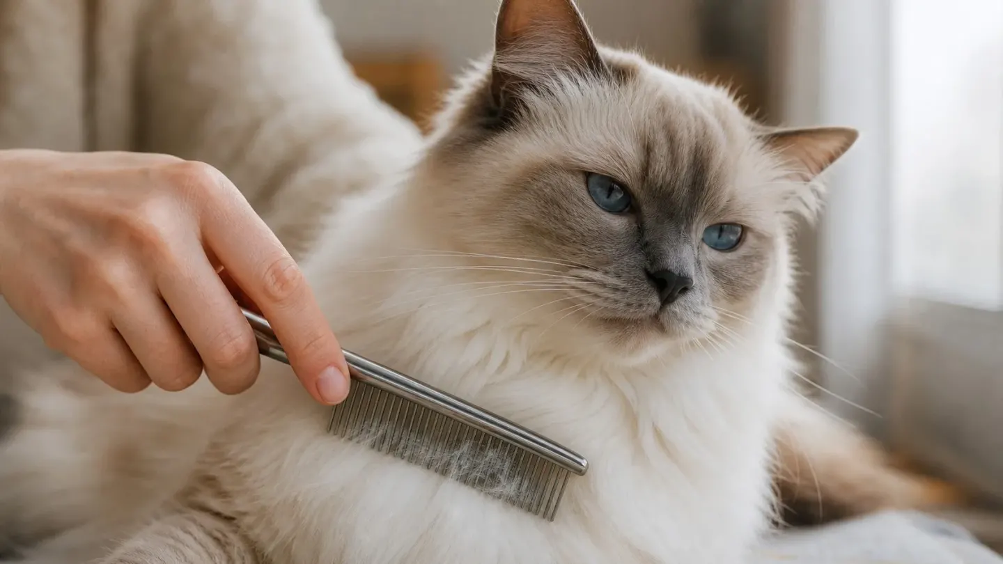 An owner brushing a Ragdoll cat's soft coat with a metal comb