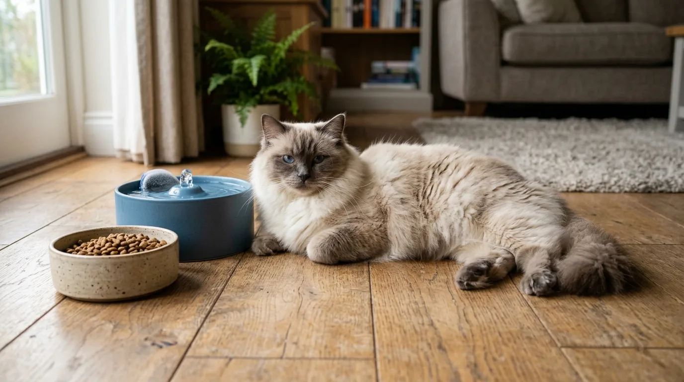 A healthy Ragdoll cat standing beside its feeding station