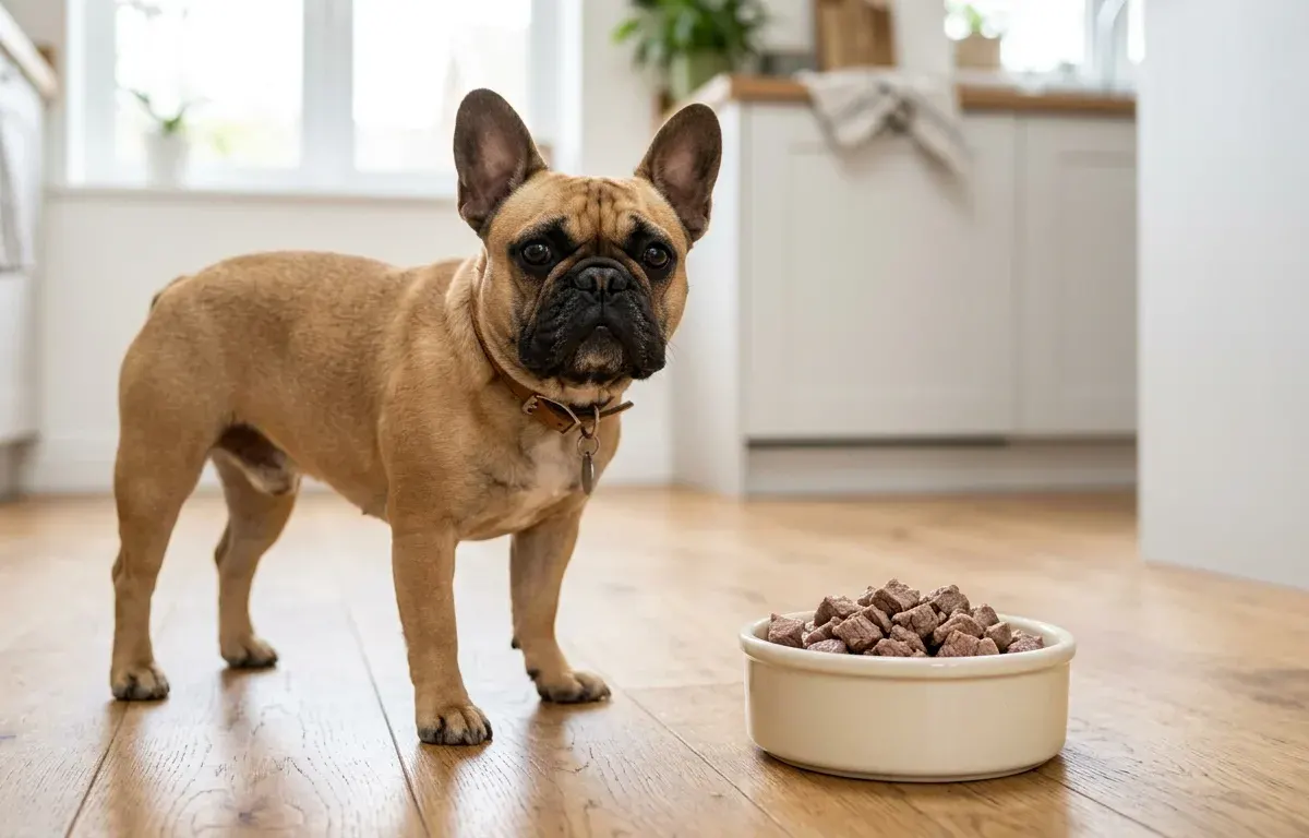 Fawn French Bulldog standing beside a ceramic bowl with cooked lean lamb in a bright kitchen.