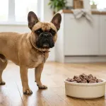 Fawn French Bulldog standing beside a ceramic bowl with cooked lean lamb in a bright kitchen.
