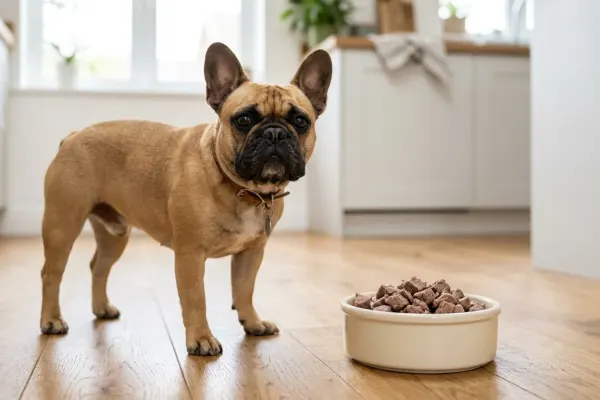 Fawn French Bulldog standing beside a ceramic bowl with cooked lean lamb in a bright kitchen.