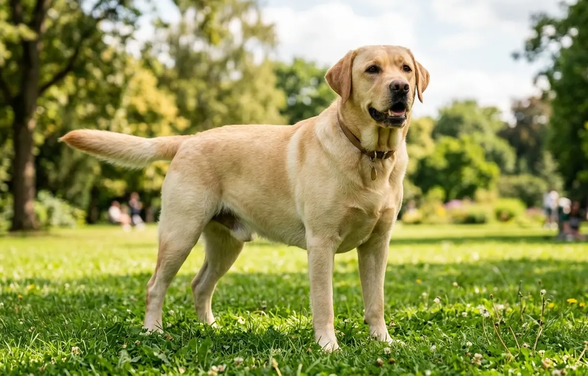 Yellow Labrador Retriever standing in a sunny outdoor park showing official breed characteristics