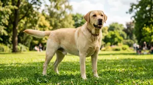 Yellow Labrador Retriever standing in a sunny outdoor park showing official breed characteristics