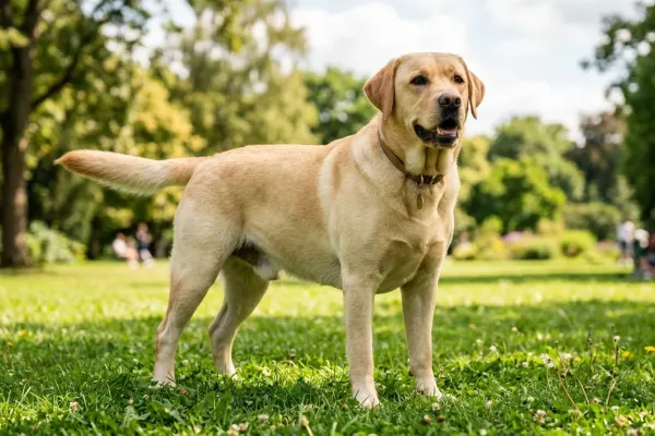 Yellow Labrador Retriever standing in a sunny outdoor park showing official breed characteristics