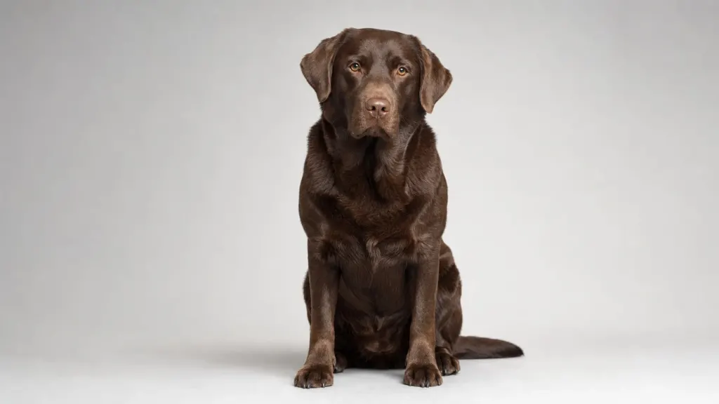 Chocolate Labrador Retriever sitting calmly displaying dark brown coat texture