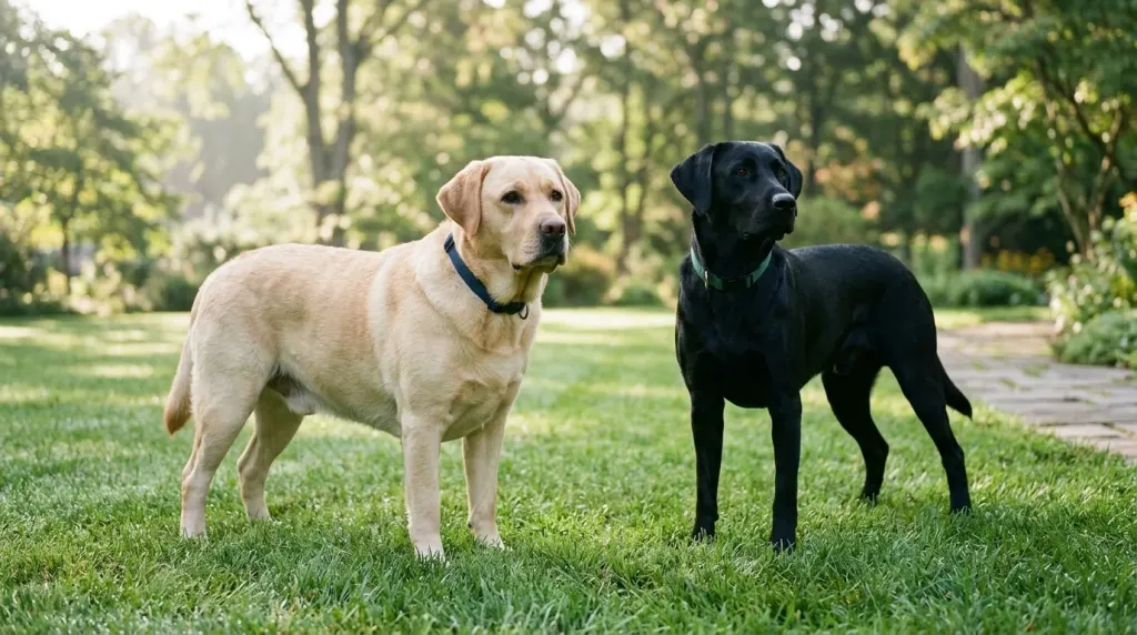 Side-by-side comparison of stockier English Labrador and leaner American Labrador dogs