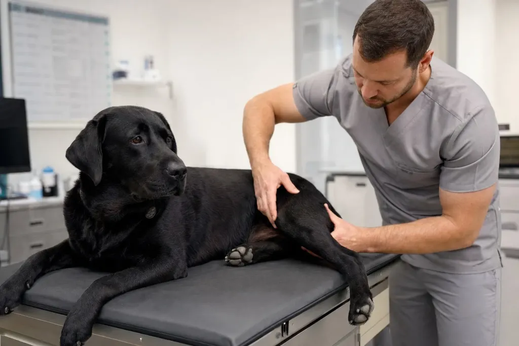 Veterinarian performing a hip joint assessment on a black Labrador Retriever