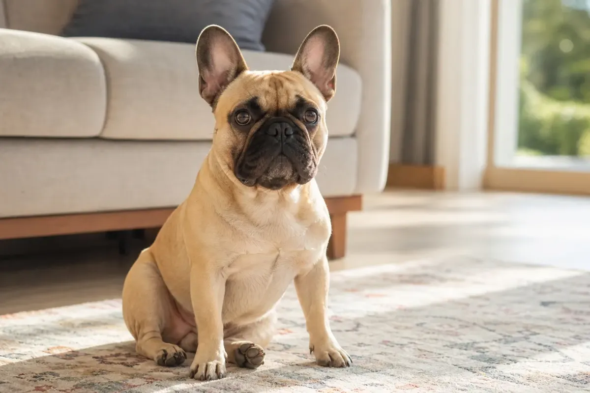 A French Bulldog sitting on a rug in a sunlit living room.