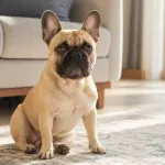 A French Bulldog sitting on a rug in a sunlit living room.