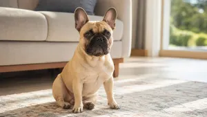 A French Bulldog sitting on a rug in a sunlit living room.