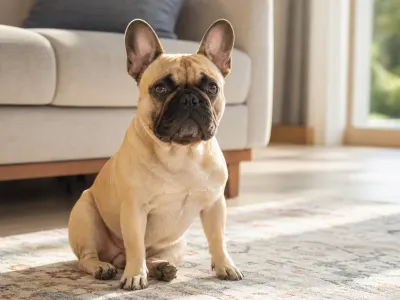 A French Bulldog sitting on a rug in a sunlit living room.