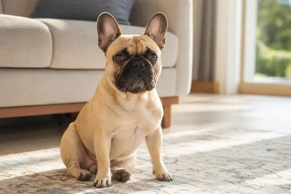 A French Bulldog sitting on a rug in a sunlit living room.