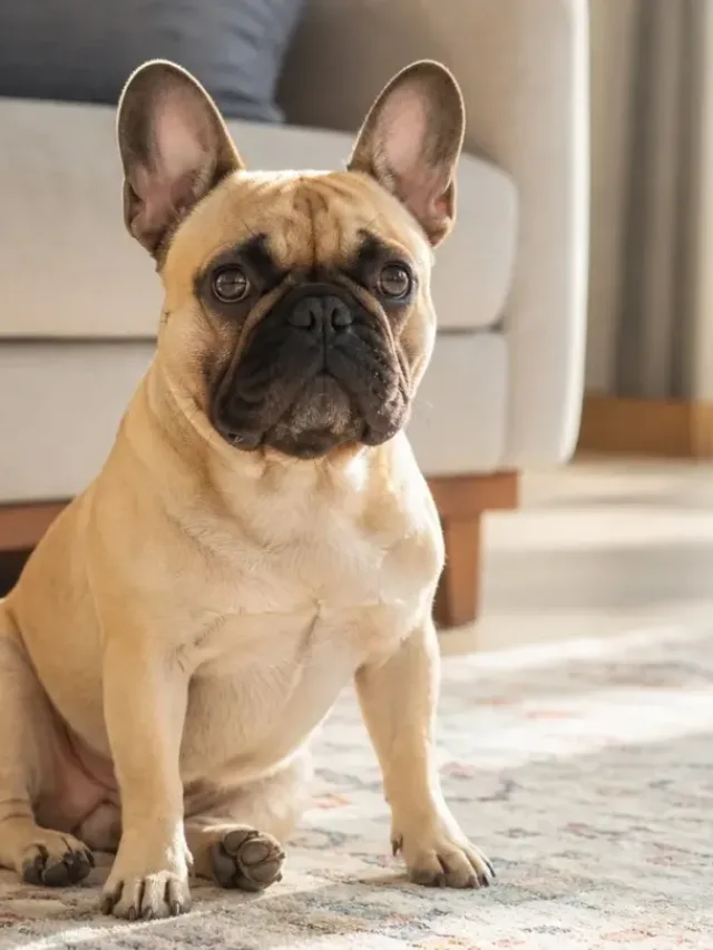 A French Bulldog sitting on a rug in a sunlit living room.