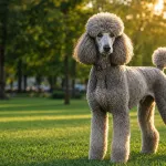 A regal Standard Poodle standing on a green park lawn showcasing the Poodle dog breed appearance.