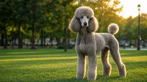 A regal Standard Poodle standing on a green park lawn showcasing the Poodle dog breed appearance.