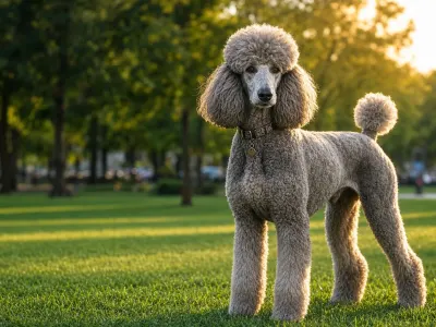 A regal Standard Poodle standing on a green park lawn showcasing the Poodle dog breed appearance.