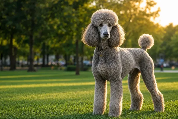 A regal Standard Poodle standing on a green park lawn showcasing the Poodle dog breed appearance.