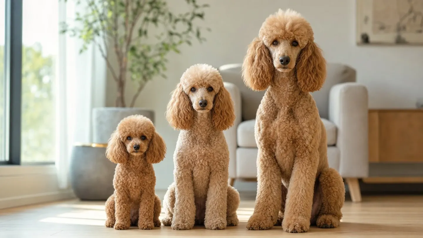 Three Poodles of Toy, Miniature, and Standard size varieties sitting together indoors.