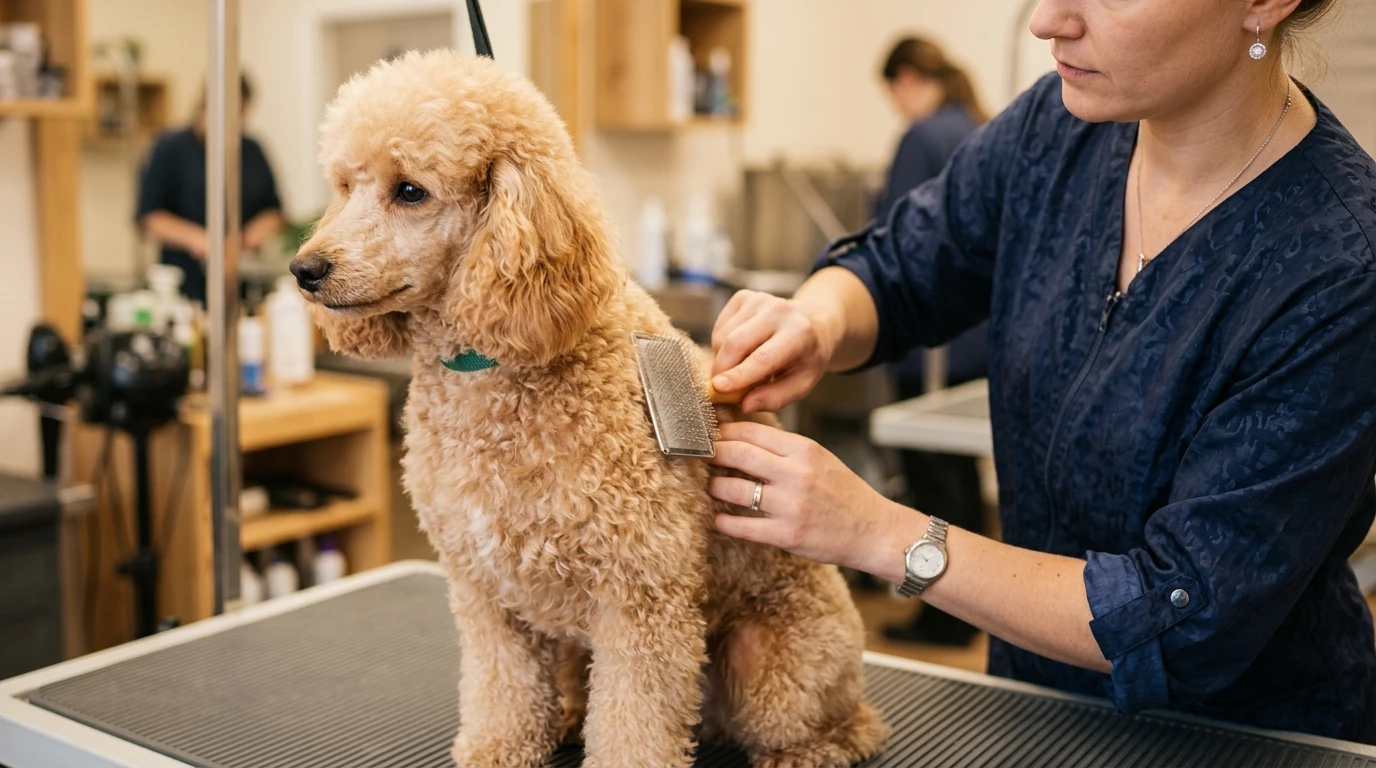 A groomer carefully brushing the curly coat of a Miniature Poodle during a grooming session.