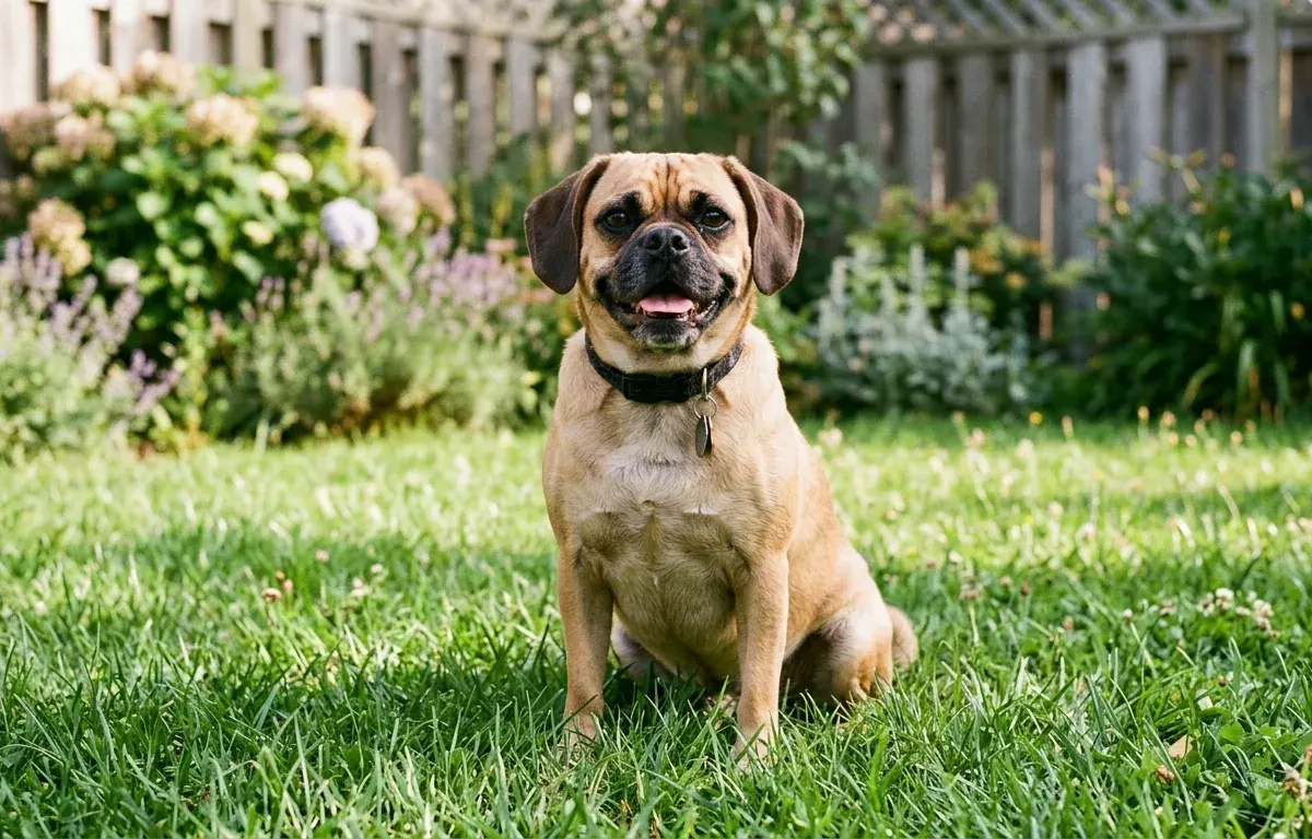 Puggle dog sitting on a green lawn in a suburban backyard