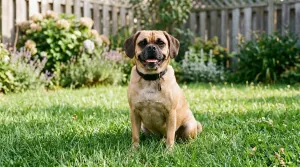 Puggle dog sitting on a green lawn in a suburban backyard