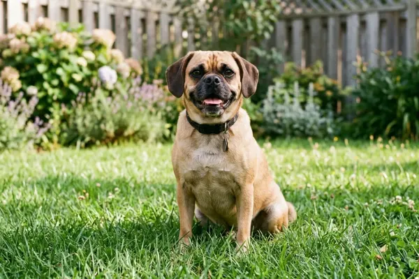 Puggle dog sitting on a green lawn in a suburban backyard