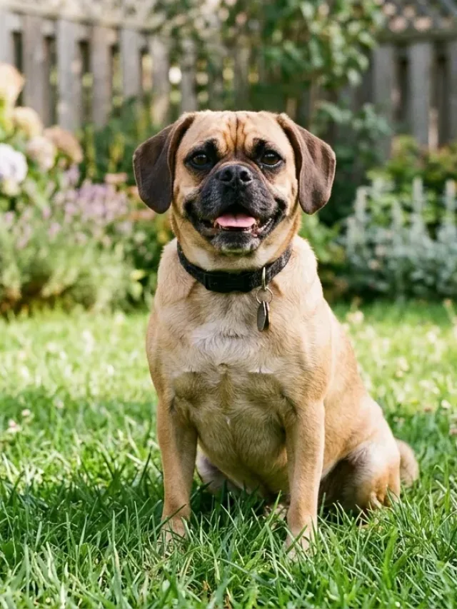 Puggle dog sitting on a green lawn in a suburban backyard