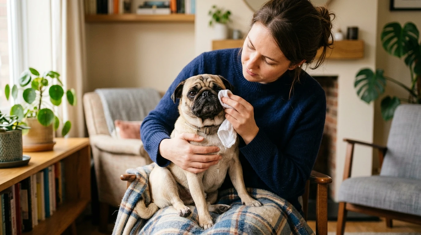 An owner gently cleaning the facial wrinkles of a fawn Pug dog.