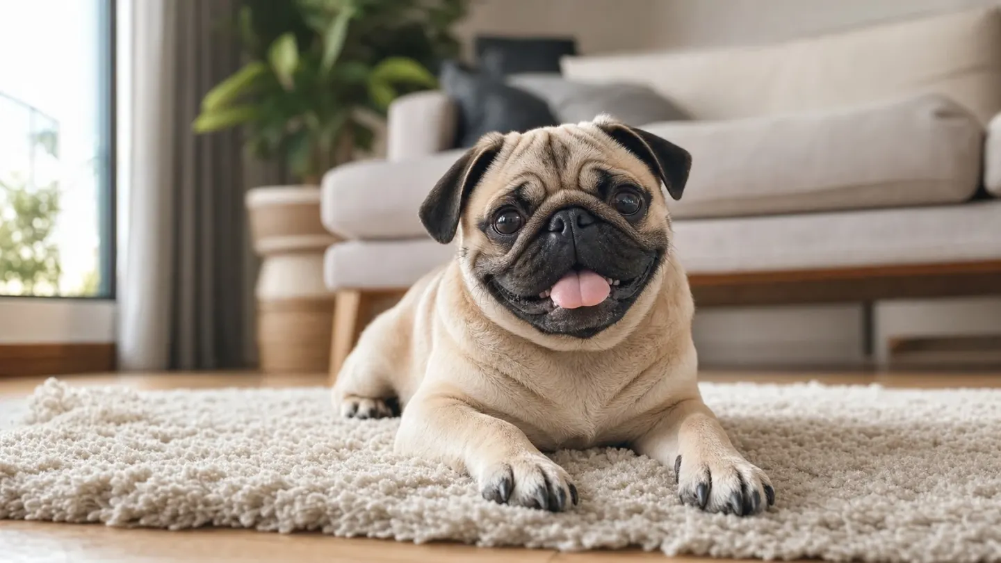 A fawn Pug dog relaxing comfortably in a sunlit living room.