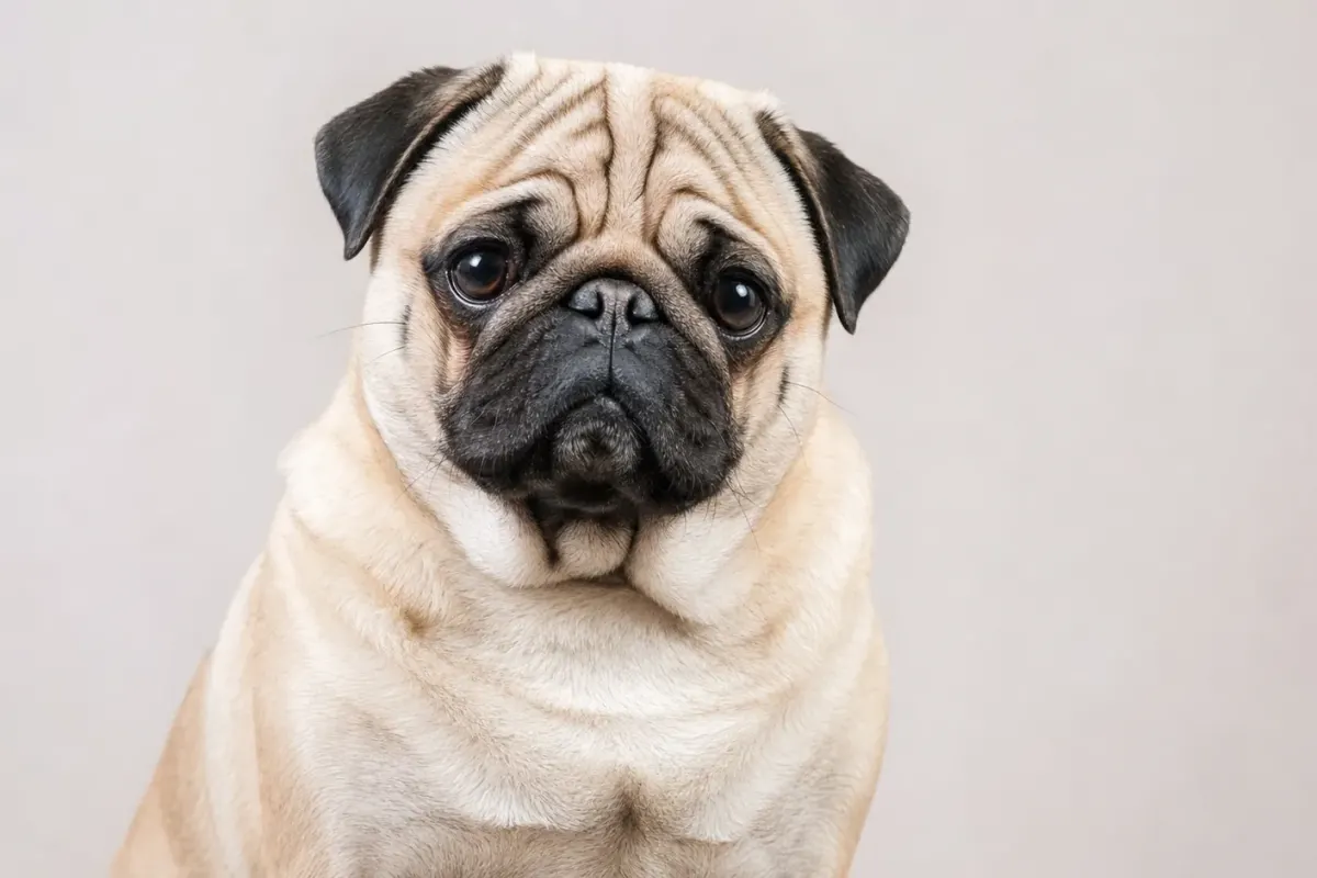 A fawn Pug with the breed's characteristic wrinkled face and large dark eyes