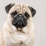 A fawn Pug with the breed's characteristic wrinkled face and large dark eyes