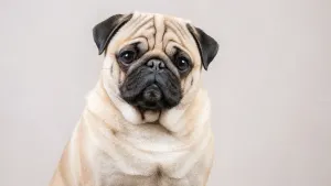 A fawn Pug with the breed's characteristic wrinkled face and large dark eyes