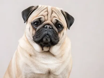 A fawn Pug with the breed's characteristic wrinkled face and large dark eyes