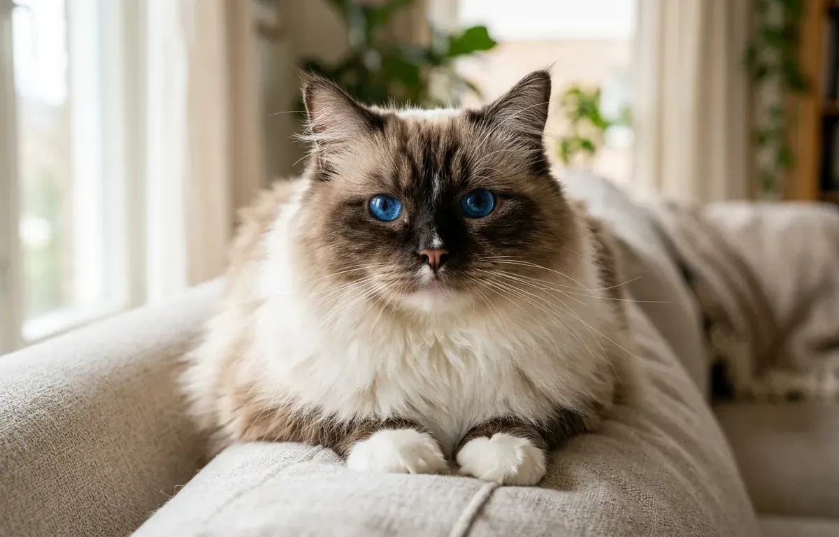 Bicolor Ragdoll cat with striking blue eyes sitting comfortably on a living room sofa